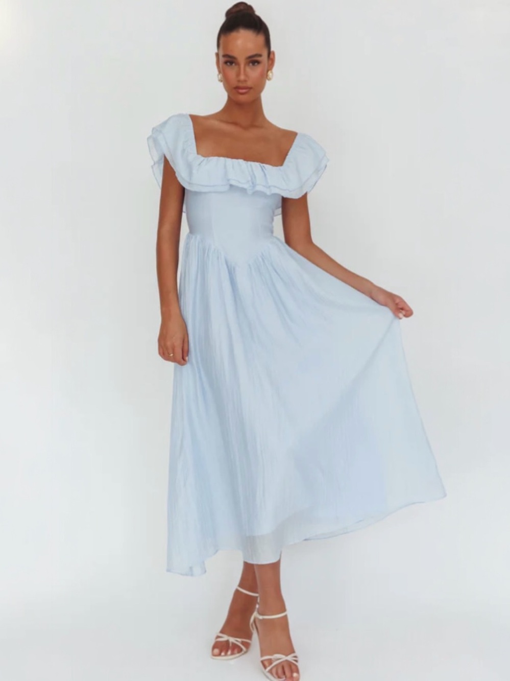Mika & Gala Light Blue Serinah Basque Waist Off-Shoulder Maxi Dress Small 4